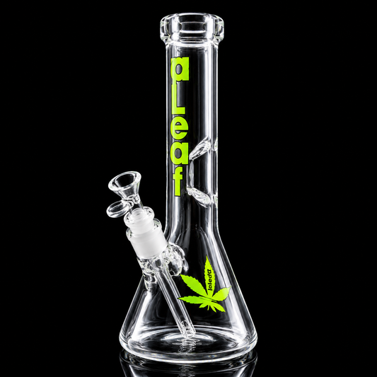Clear glass water pipe with 'Pleated' branding and a cannabis leaf design on a black background
