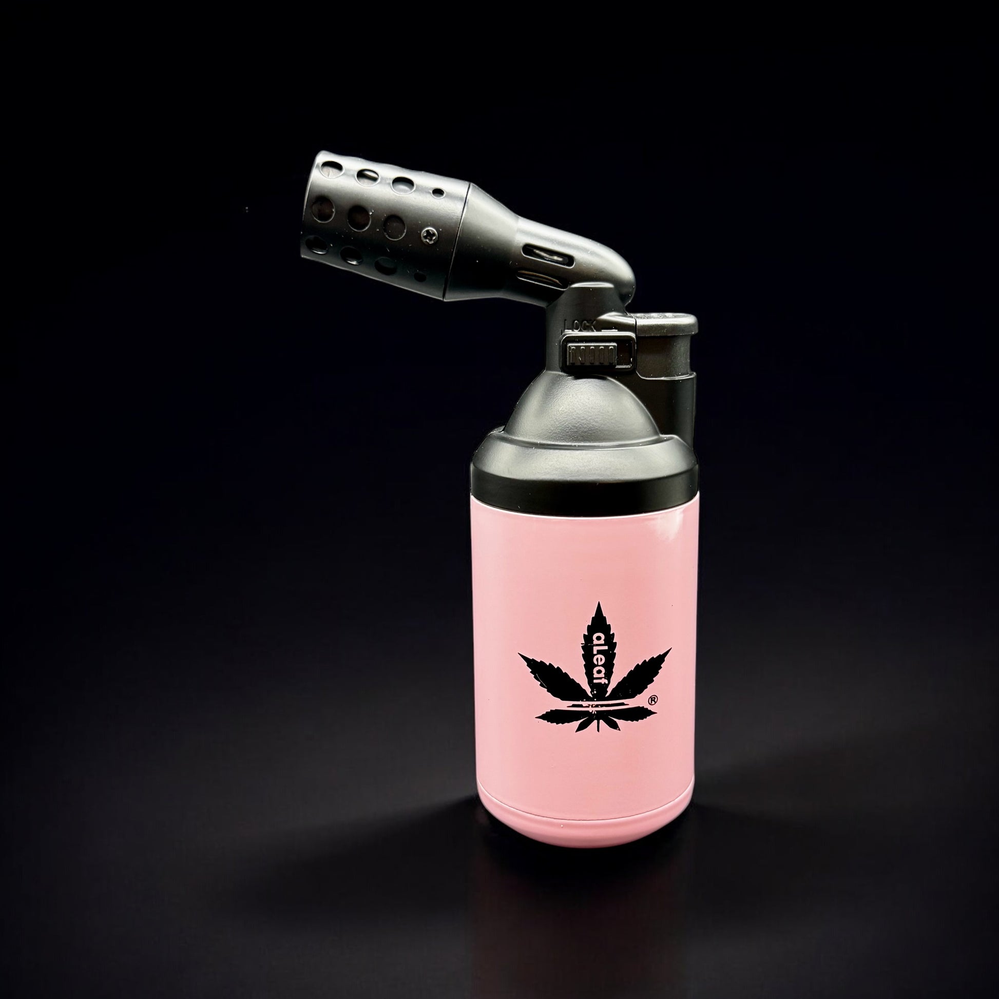 Pink aLeaf refillable butane torch with ergonomic design and safety lock
