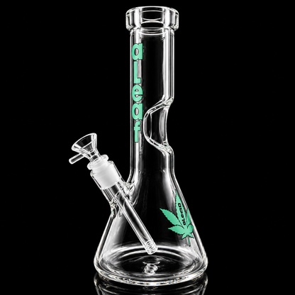 Clear glass smoking device with 'Delta' branding on a black background