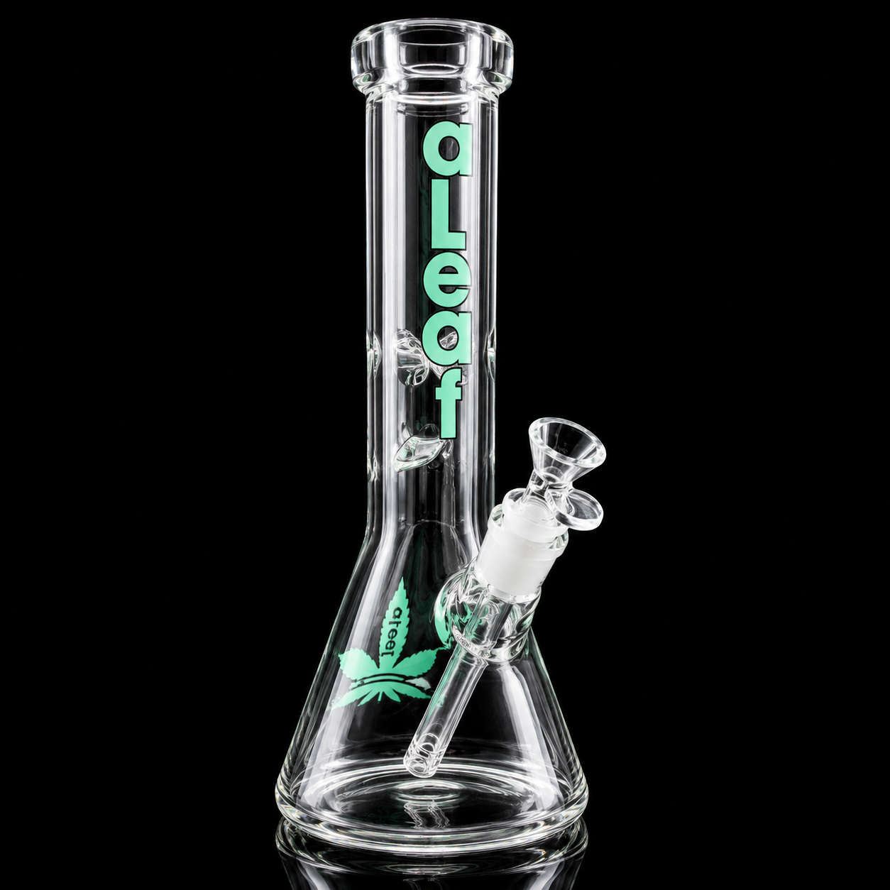 Clear glass bong with 'OLEAF' branding on a black background