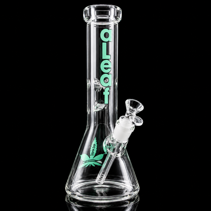 Clear glass bong with 'OLEAF' branding on a black background