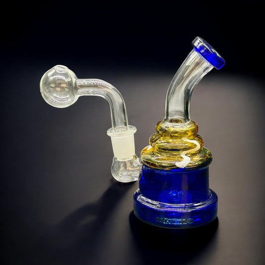 5.5 inch hand-blown mini oil burner water pipe with blue base and gold neck, featuring bent mouthpiece and attached glass bubble bowl