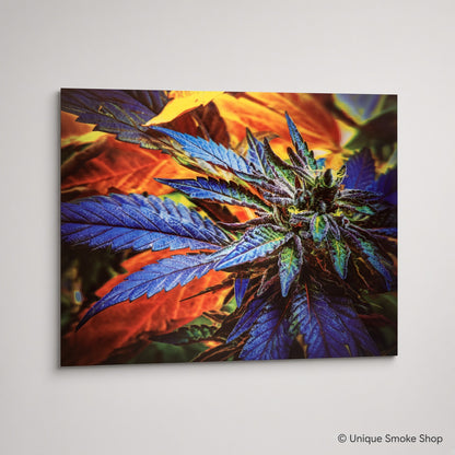 Colorful blue and orange botanical canvas art print – front view