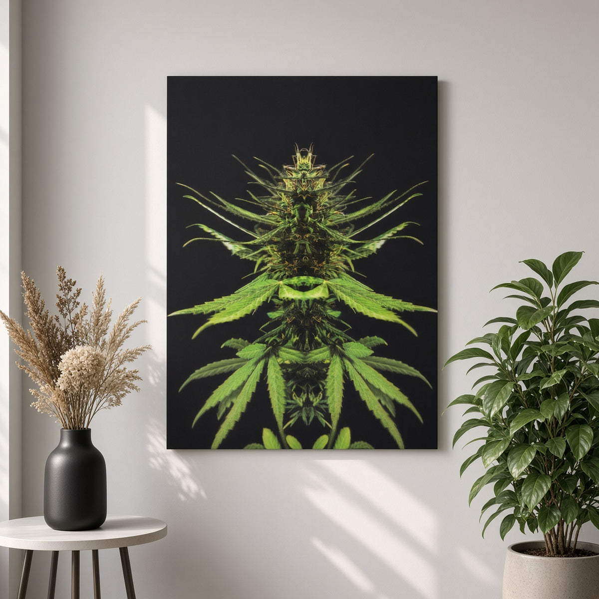 Colorful botanical canvas print above black console table