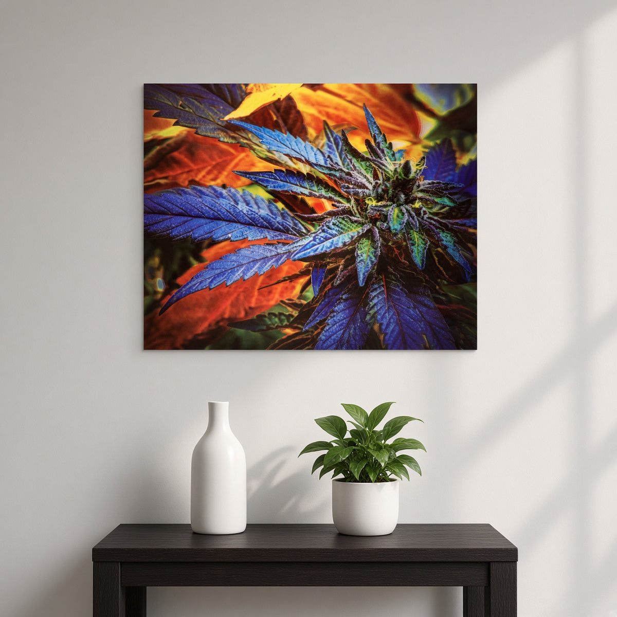 Colorful botanical canvas print above black console