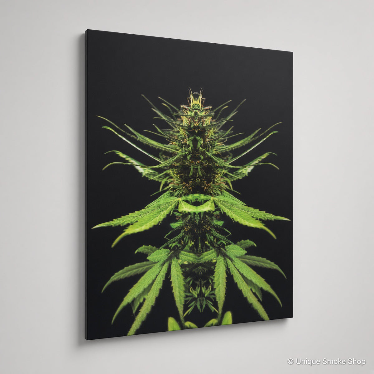 Green botanical leaf canvas art print – angled view