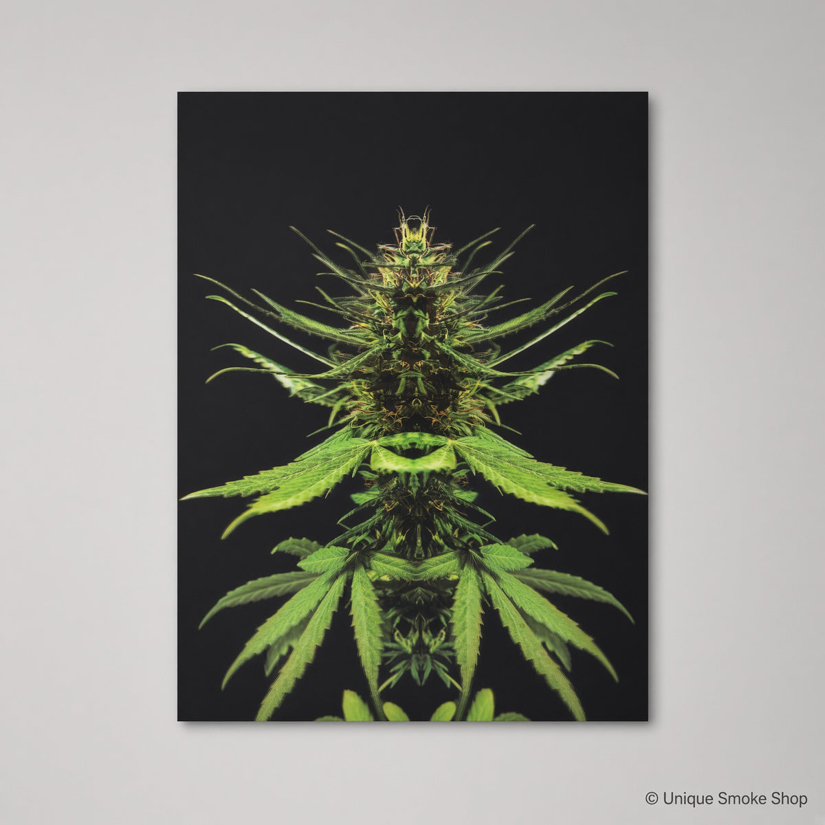 Green botanical leaf canvas art print on black background – front view
