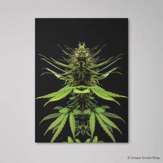 Green botanical leaf canvas art print on black background – front view