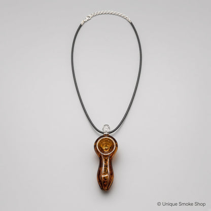 Mini hand-blown amber brown glass pipe necklace with spiral design on black cord