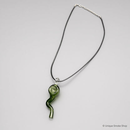 Mini hand-blown green glass pipe necklace with wavy squiggle design on black cord