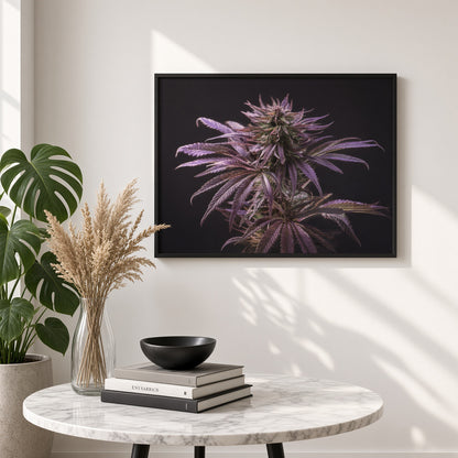 Framed purple botanical canvas print in stylish interior