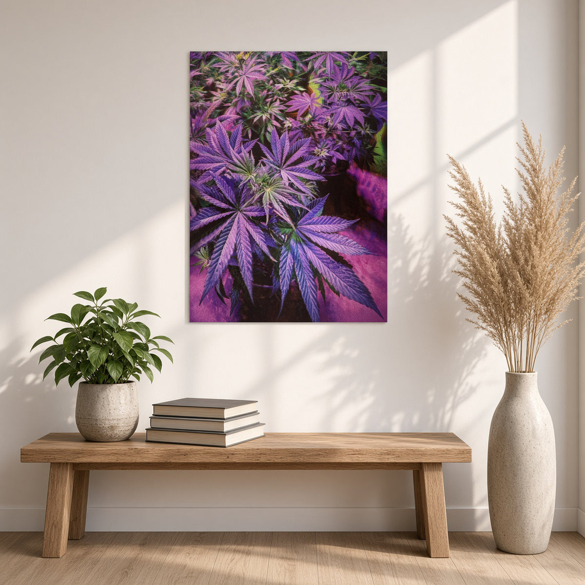 Purple and pink leaf canvas art print above wooden bench