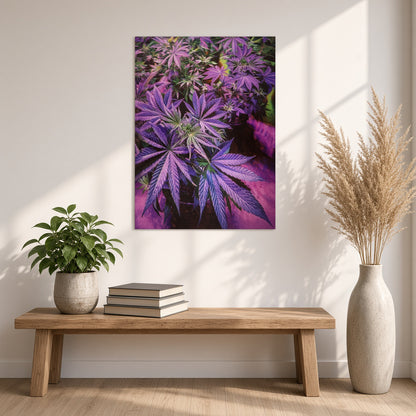 Purple and pink leaf canvas art print above wooden bench