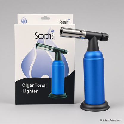 Scorch 51541 blue double flame cigar torch lighter standing next to its retail box