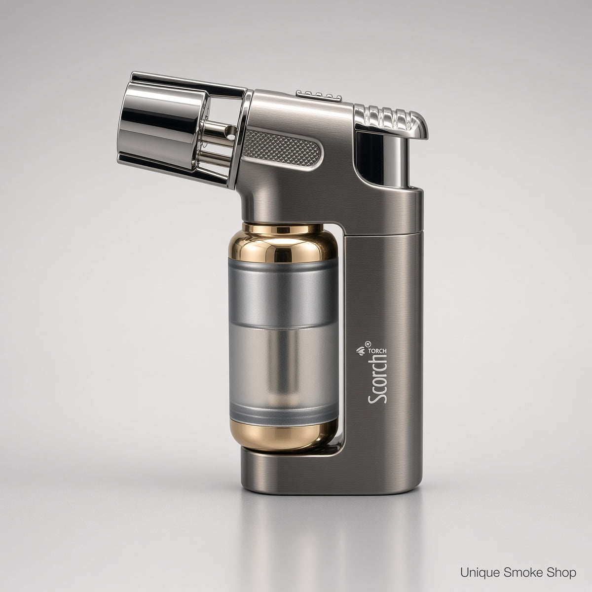 Alt: Scorch 61794 gunmetal metal torch lighter with gold tank and safety lock