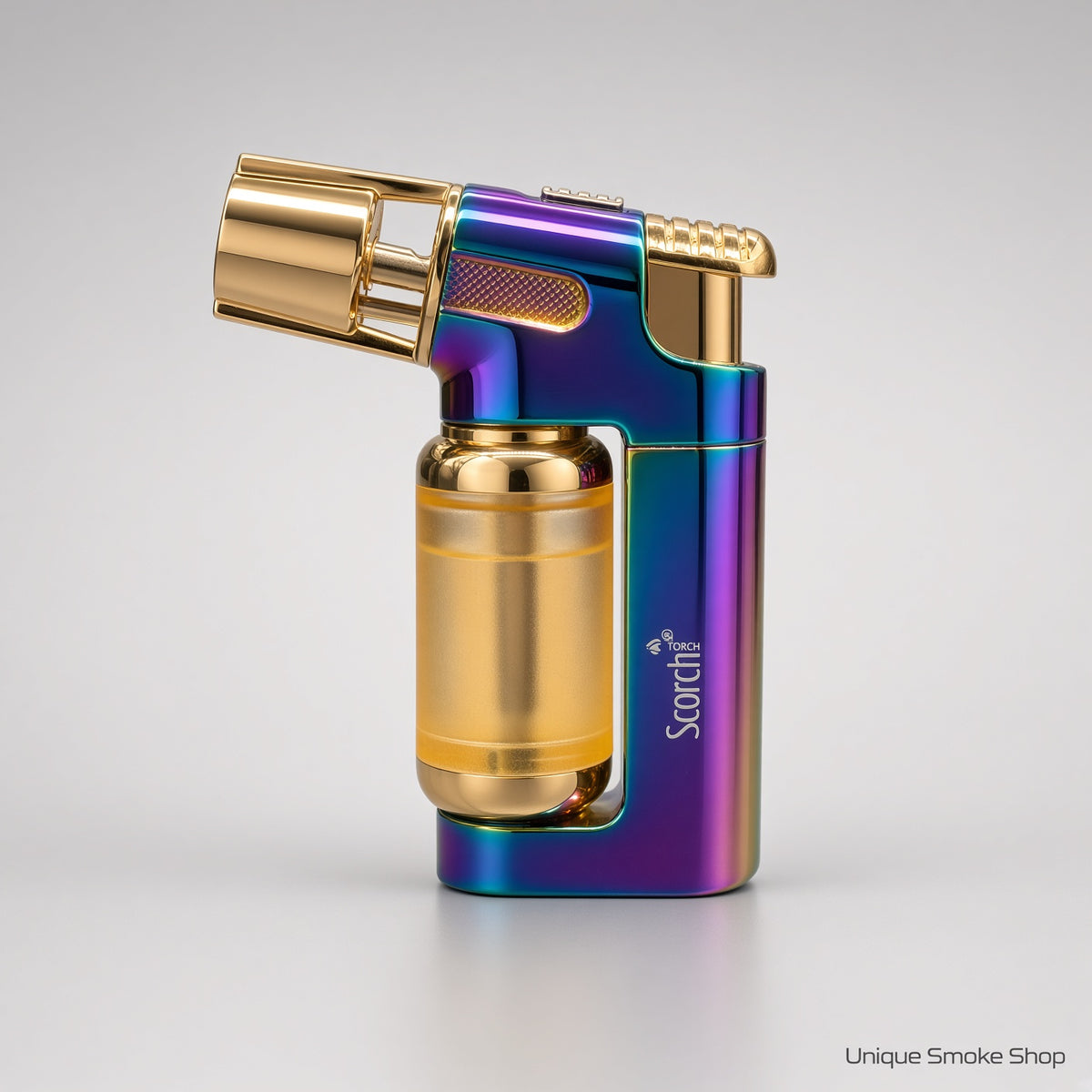 Alt: Scorch 61794 rainbow metal torch lighter with gold nozzle and cigar punch