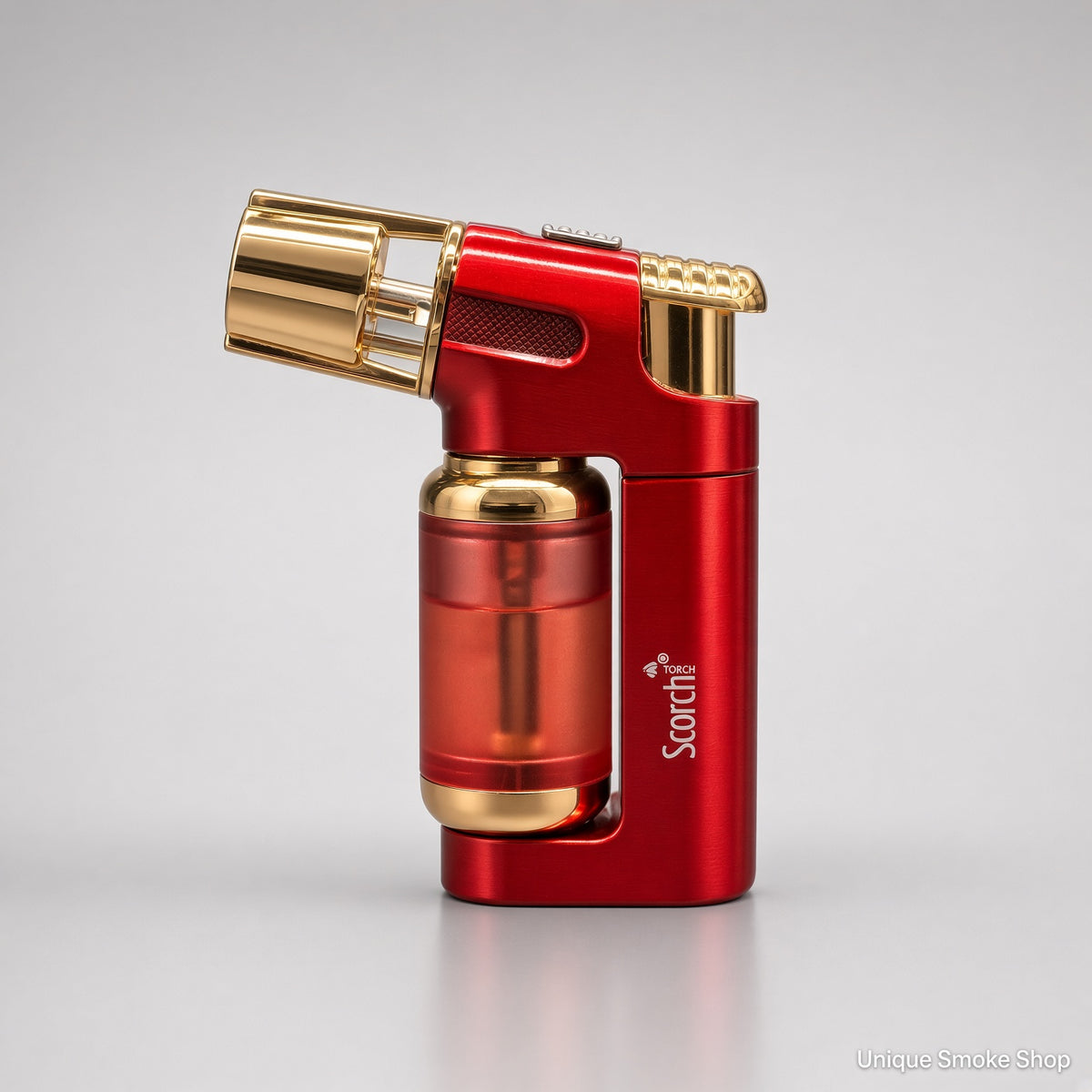 Alt: Scorch 61794 red and gold metal torch lighter single blue jet flame