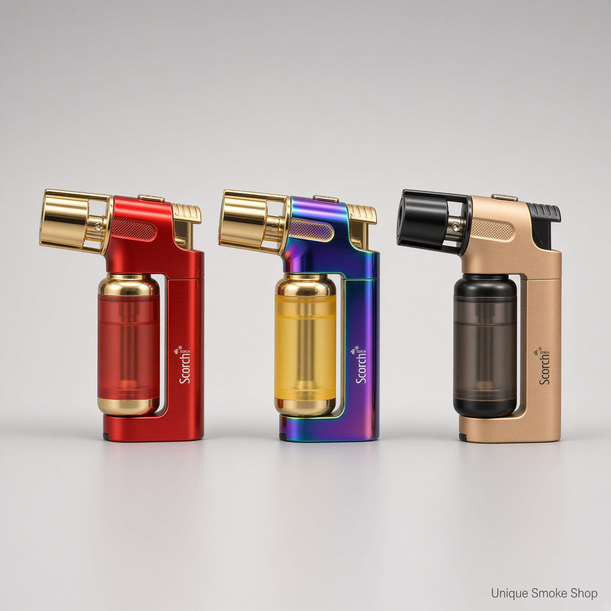 Scorch 61794 metal torch lighters in red gold, rainbow, and champagne black