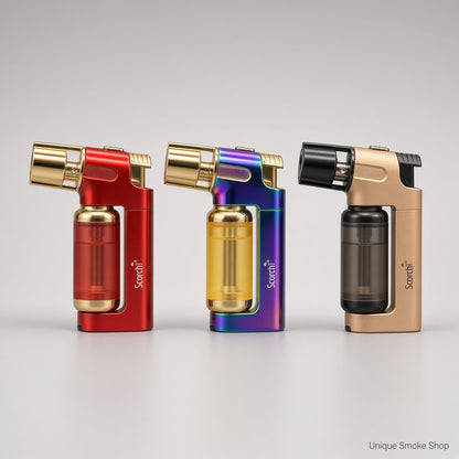 Scorch 61794 metal torch lighters in red gold, rainbow, and champagne black