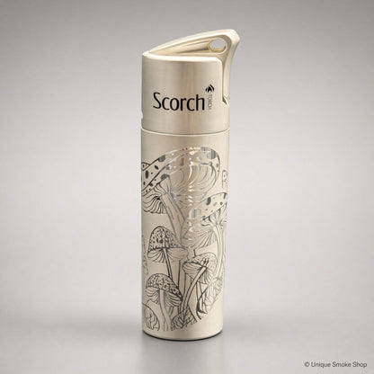 Scorch Torch 61838 cream metal single-flame lighter with mushroom pattern, front view, 3 inches tall.