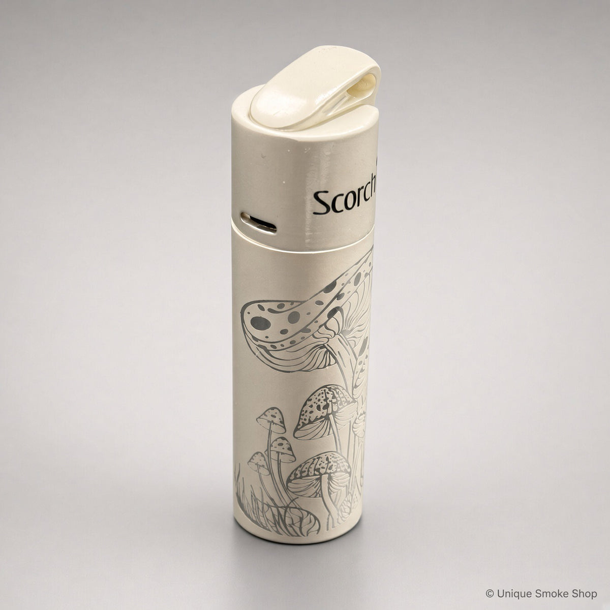 Scorch Torch 61838 cream metal single-flame lighter with mushroom pattern, top lid view, 3 inches tall.