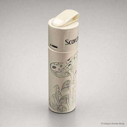 Scorch Torch 61838 cream metal single-flame lighter with mushroom pattern, top lid view, 3 inches tall.