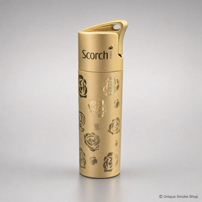 Scorch Torch 61838 gold metal single-flame lighter with rose pattern, front view, 3 inches tall.