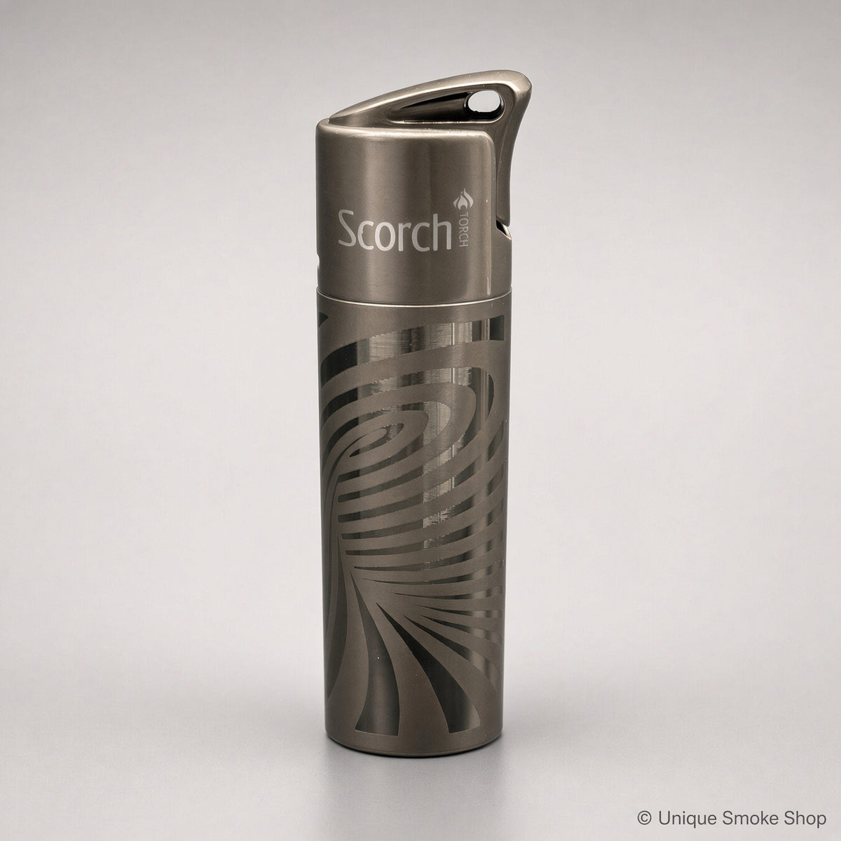 Scorch Torch 61838 gunmetal metal single-flame lighter with swirl pattern, front view, 3 inches tall.