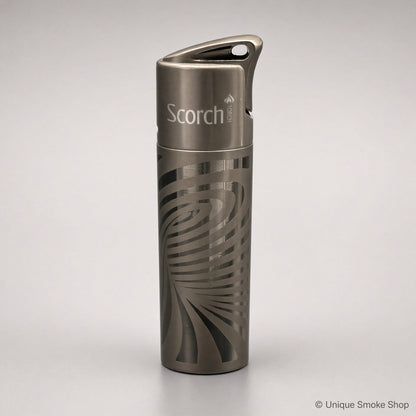 Scorch Torch 61838 gunmetal metal single-flame lighter with swirl pattern, front view, 3 inches tall.