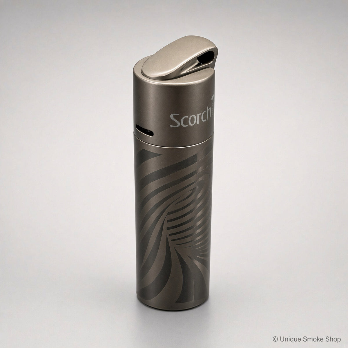 Scorch Torch 61838 gunmetal metal single-flame lighter with swirl pattern, top lid view, 3 inches tall.