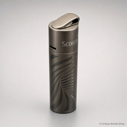Scorch Torch 61838 gunmetal metal single-flame lighter with swirl pattern, top lid view, 3 inches tall.