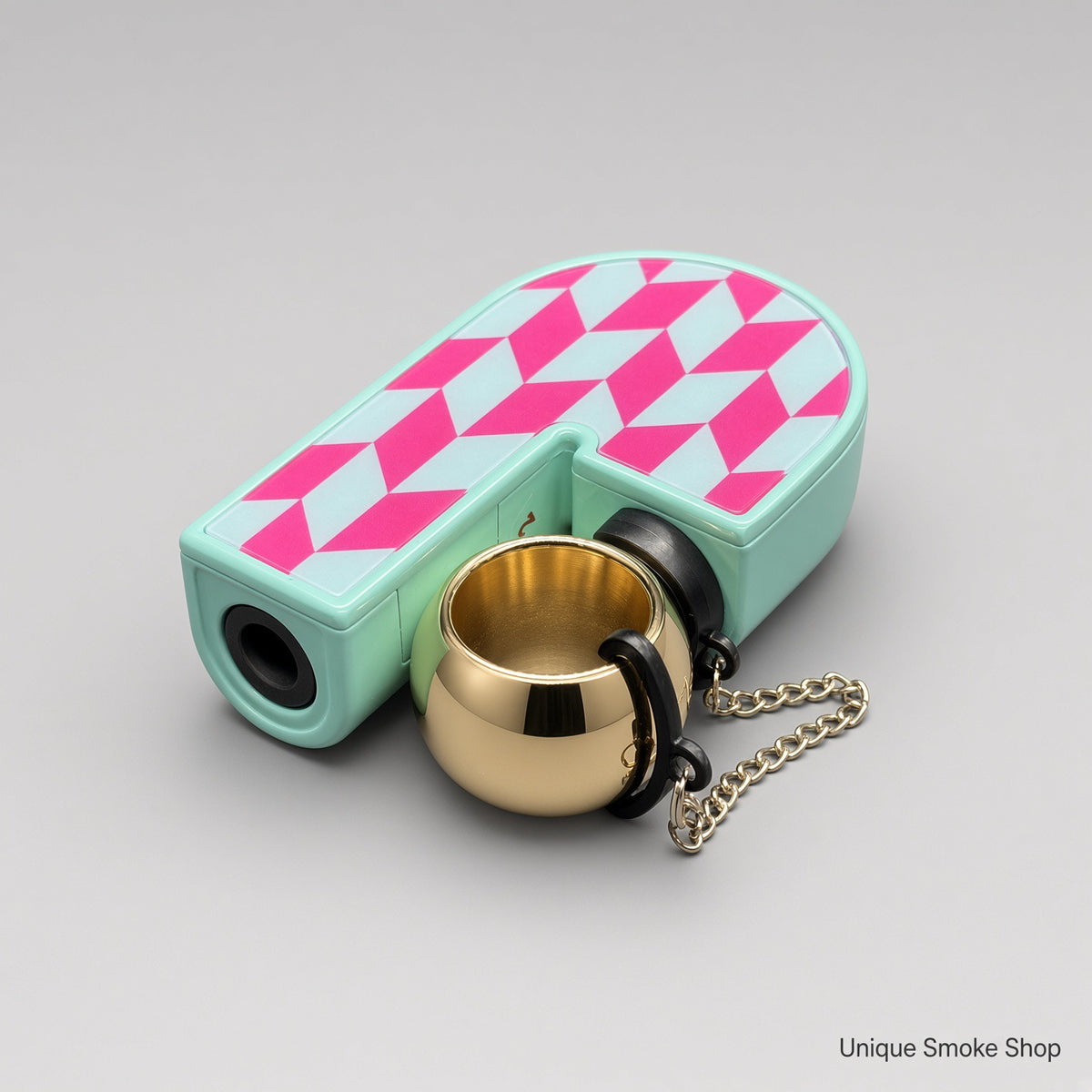 Scorch Torch 61878 mint U-shape torch back view with pink diamond pattern and gold ring