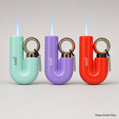 Scorch Torch 61878 U-shape ring ignition lighters in mint, purple, and red with blue jet flames