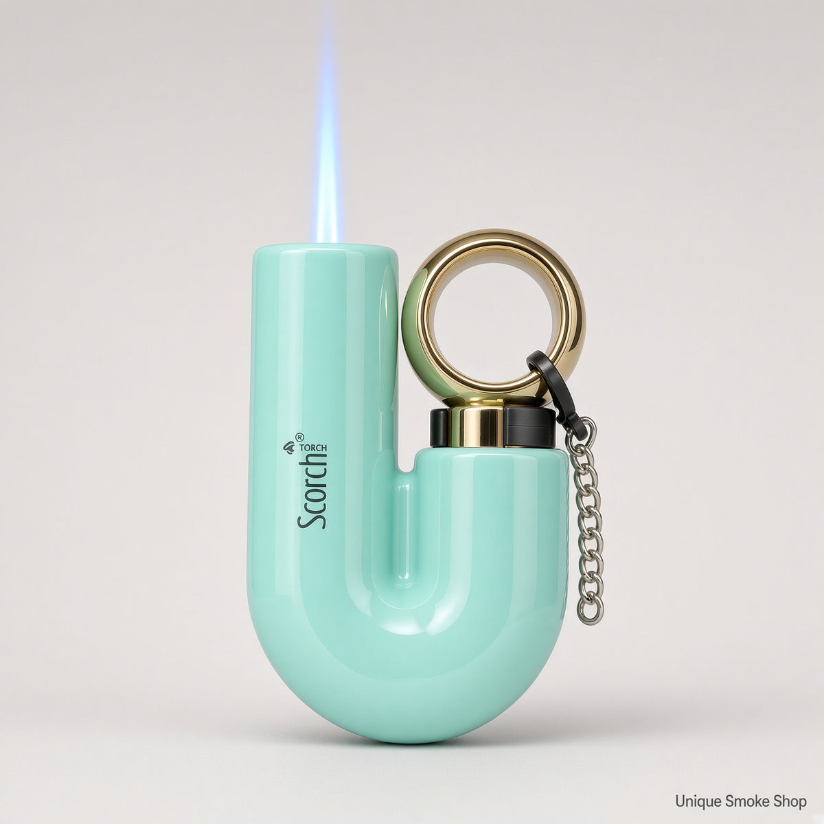 Scorch Torch 61878 mint U-shape metal torch with gold ring and blue jet flame
