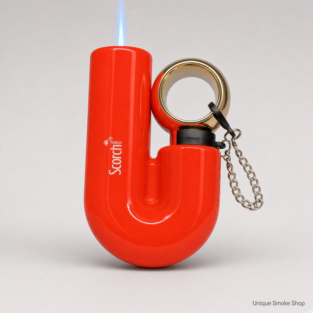 Scorch Torch 61878 red U-shape metal torch with gold ring and blue jet flame