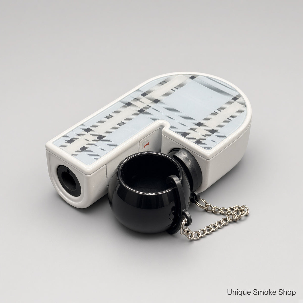 Scorch Torch 61878 white U-shape torch back view with blue plaid pattern and black ring