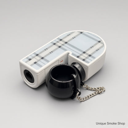 Scorch Torch 61878 white U-shape torch back view with blue plaid pattern and black ring