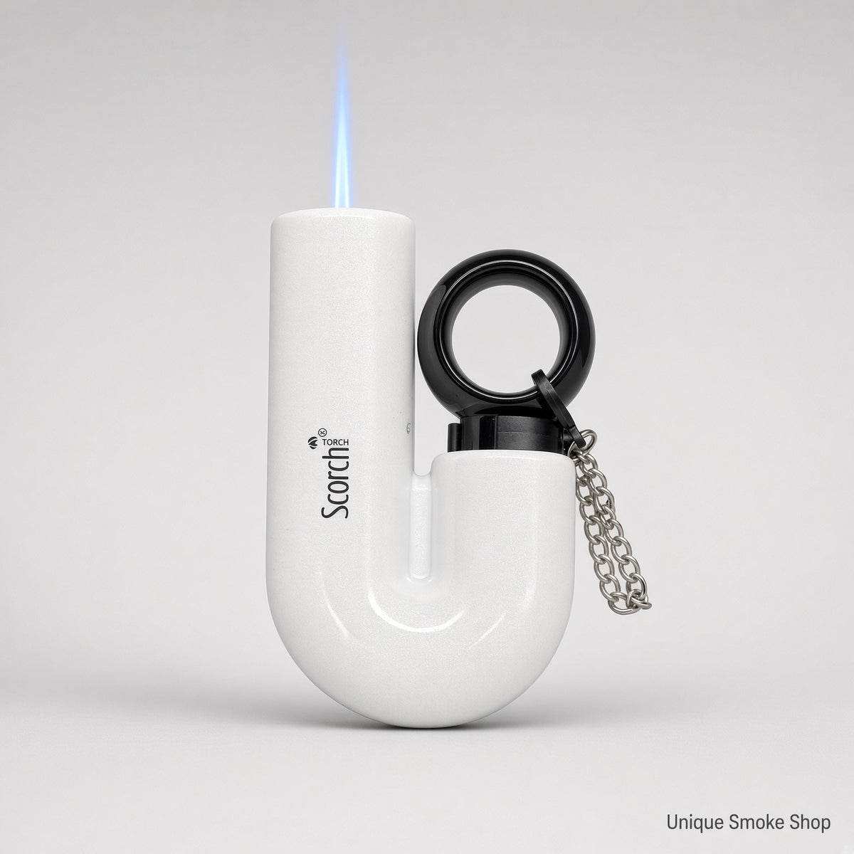 Scorch Torch 61878 white U-shape metal torch with black ring and blue jet flame