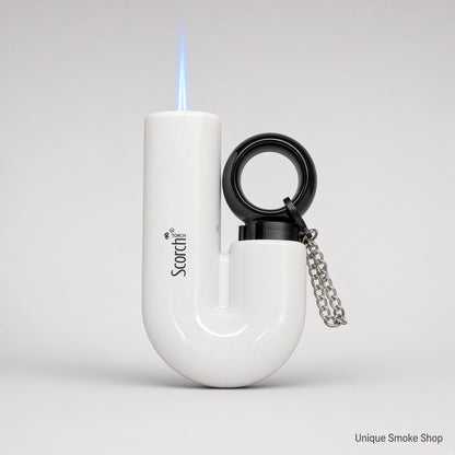 Scorch Torch 61878 white U-shape metal torch with black ring and blue jet flame