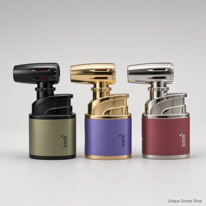Scorch 61880 table torch lighters in olive, purple, and burgundy on a studio background