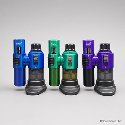 Scorch 61886 torch lighters in blue, green, and purple standing on a studio background