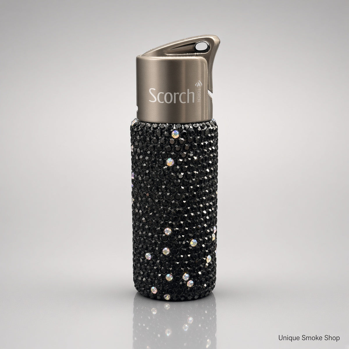 Black rhinestone Scorch 61892 single flame torch lighter with gunmetal cap, front view