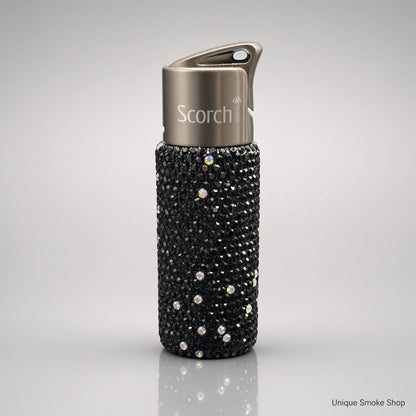 Black rhinestone Scorch 61892 single flame torch lighter with gunmetal cap, front view
