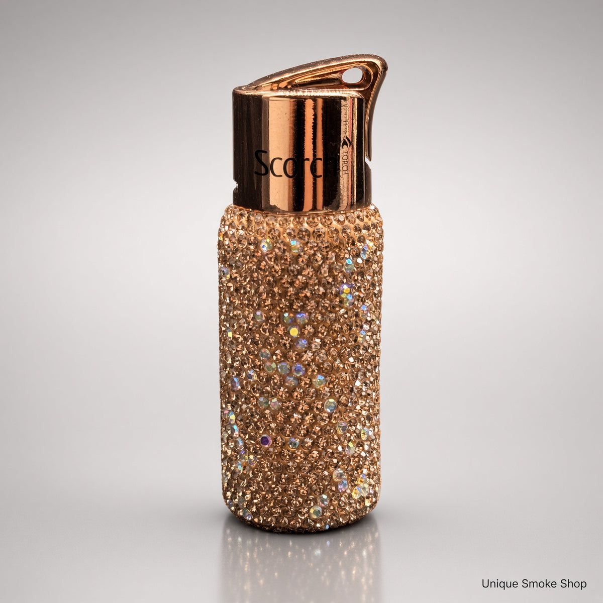 Champagne rhinestone Scorch 61892 single flame torch lighter with rose gold cap, front view
