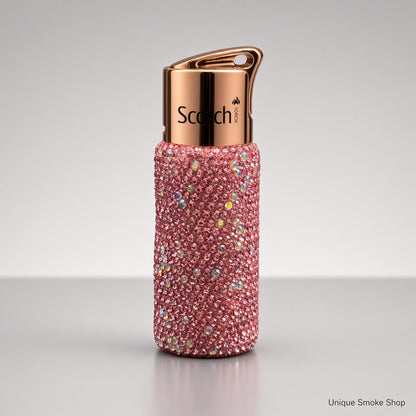 Pink rhinestone Scorch 61892 single flame torch lighter with rose gold cap, front view