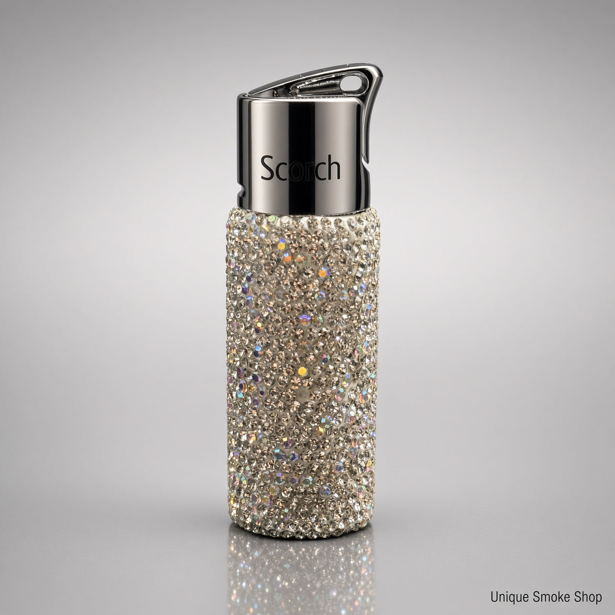 Silver crystal Scorch 61892 single flame torch lighter with chrome cap, front view