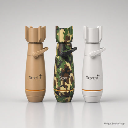 Scorch 61899 metal torch lighters in tan, woodland camo, and white