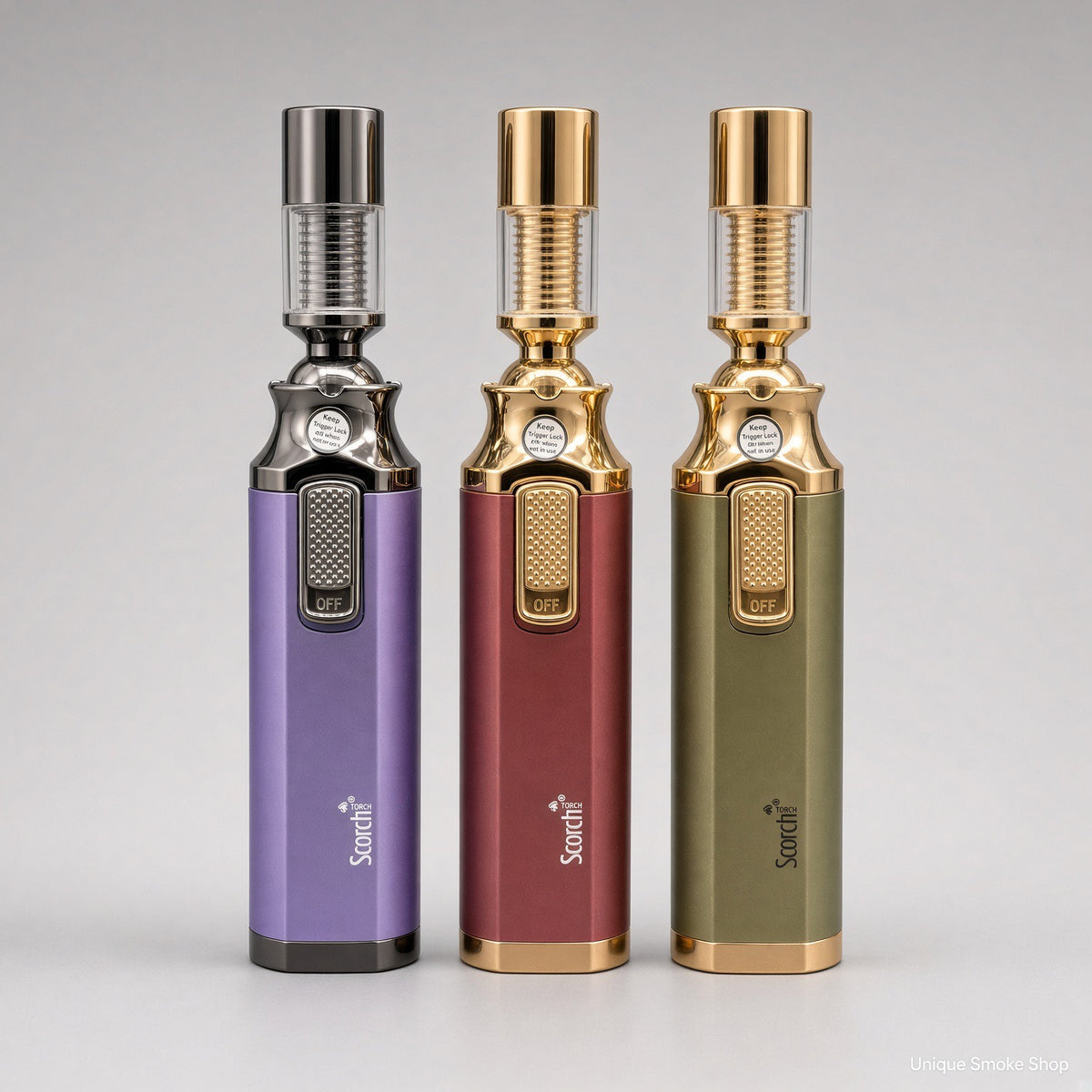 Scorch 6 inch swivel torch lighters in purple, burgundy, and olive
