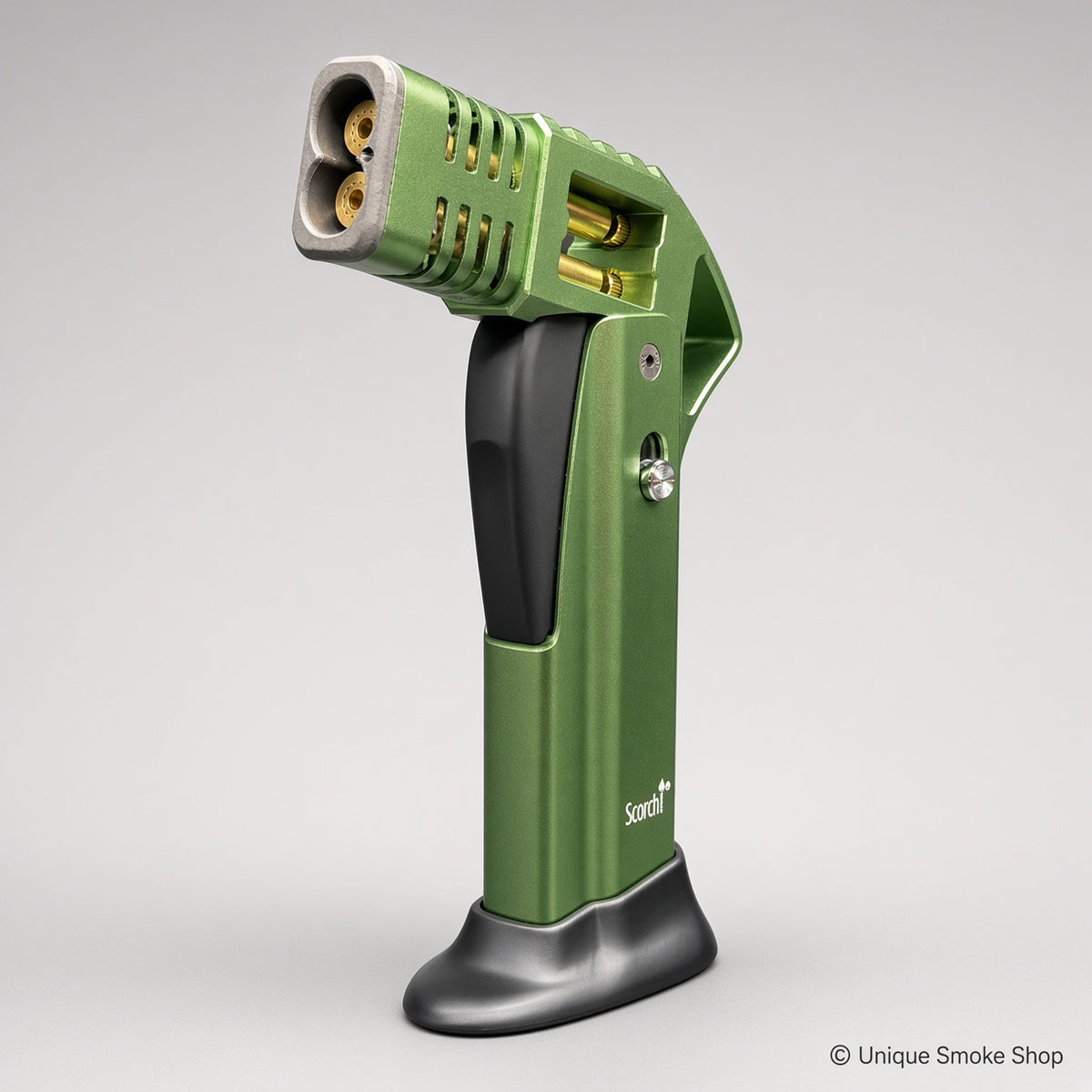 ALT: Green Scorch Torch Lighter with gold accents, side view standing on base – Unique Smoke Shop