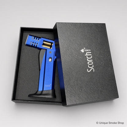 Blue Scorch Torch Lighter in open black gift box with Scorch TORCH logo – Unique Smoke Shop
